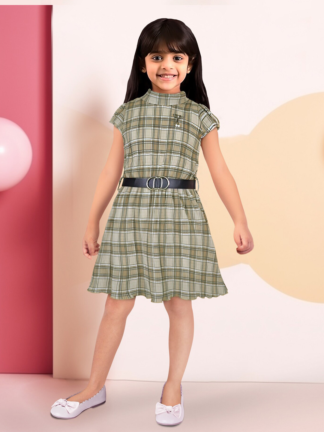 Toonyport Checked High Neck Puff Sleeves A-Line Dress