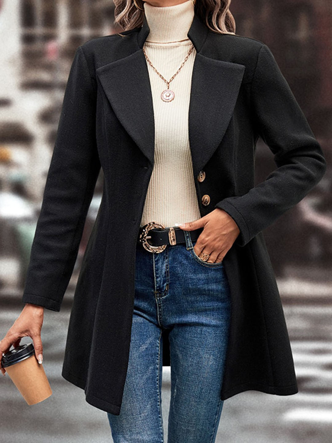 StyleCast Black Notched Lapel Slim-Fit Overcoat