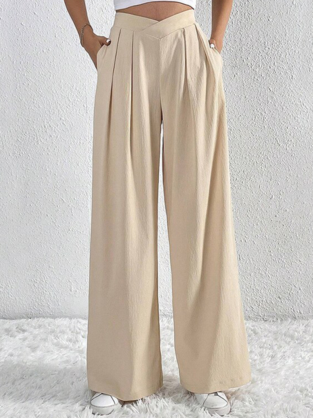 StyleCast Women Beige-Coloured Loose Fit High-Rise Easy Wash Pleated Parallel Trousers