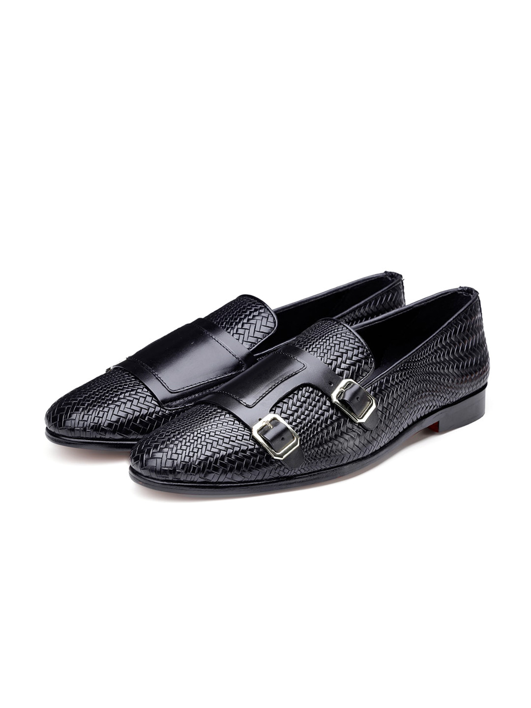 SHUTIQ Men Textured Leather Formal Double Monks