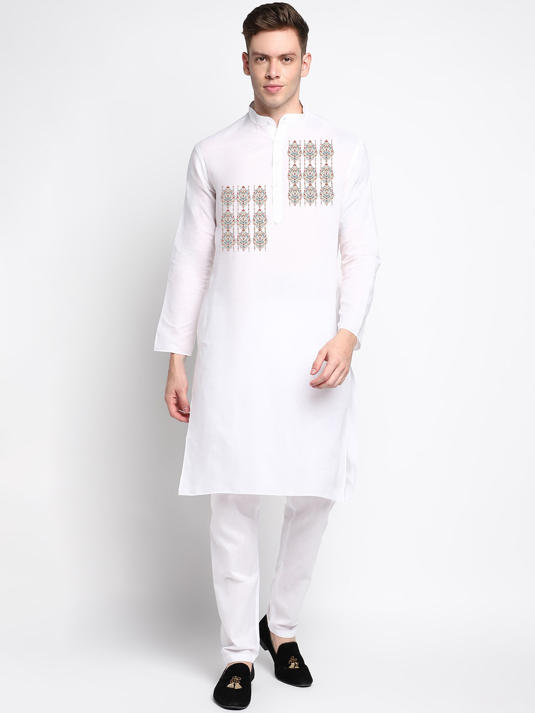 DEVOILER Ethnic Motifs Printed Mandarin Collar Regular White Romance Kurta With Pyjama