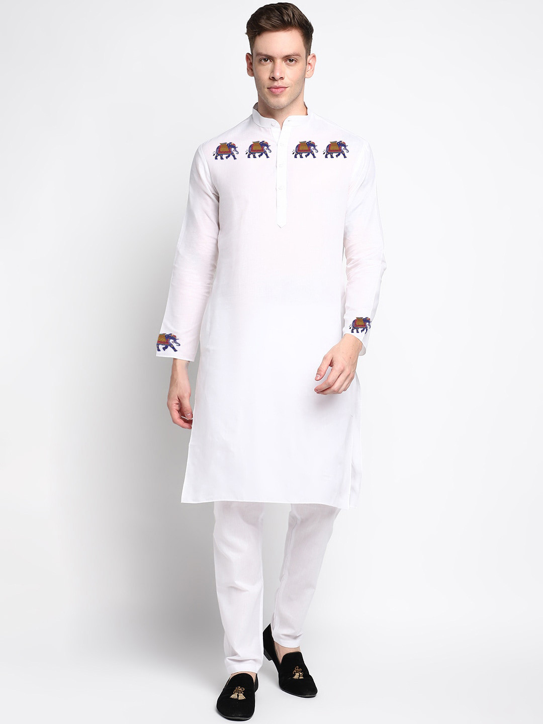 DEVOILER Ethnic Motifs Printed Mandarin Collar White Romance Straight Kurta With Pyjamaa