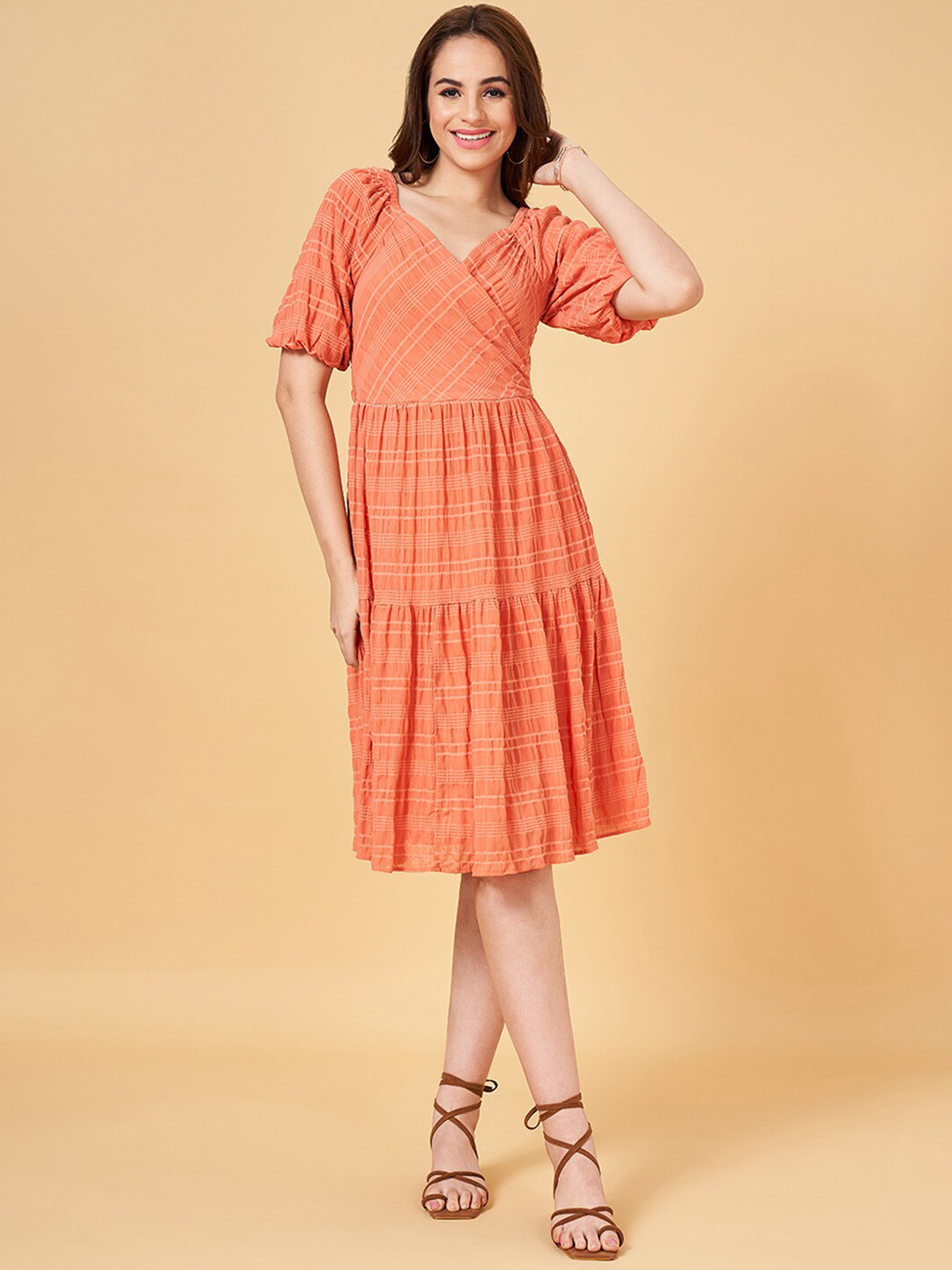 Honey by Pantaloons Self Design Puff Sleeves Smocked Tie-Up Detail Gathered Wrap Dress