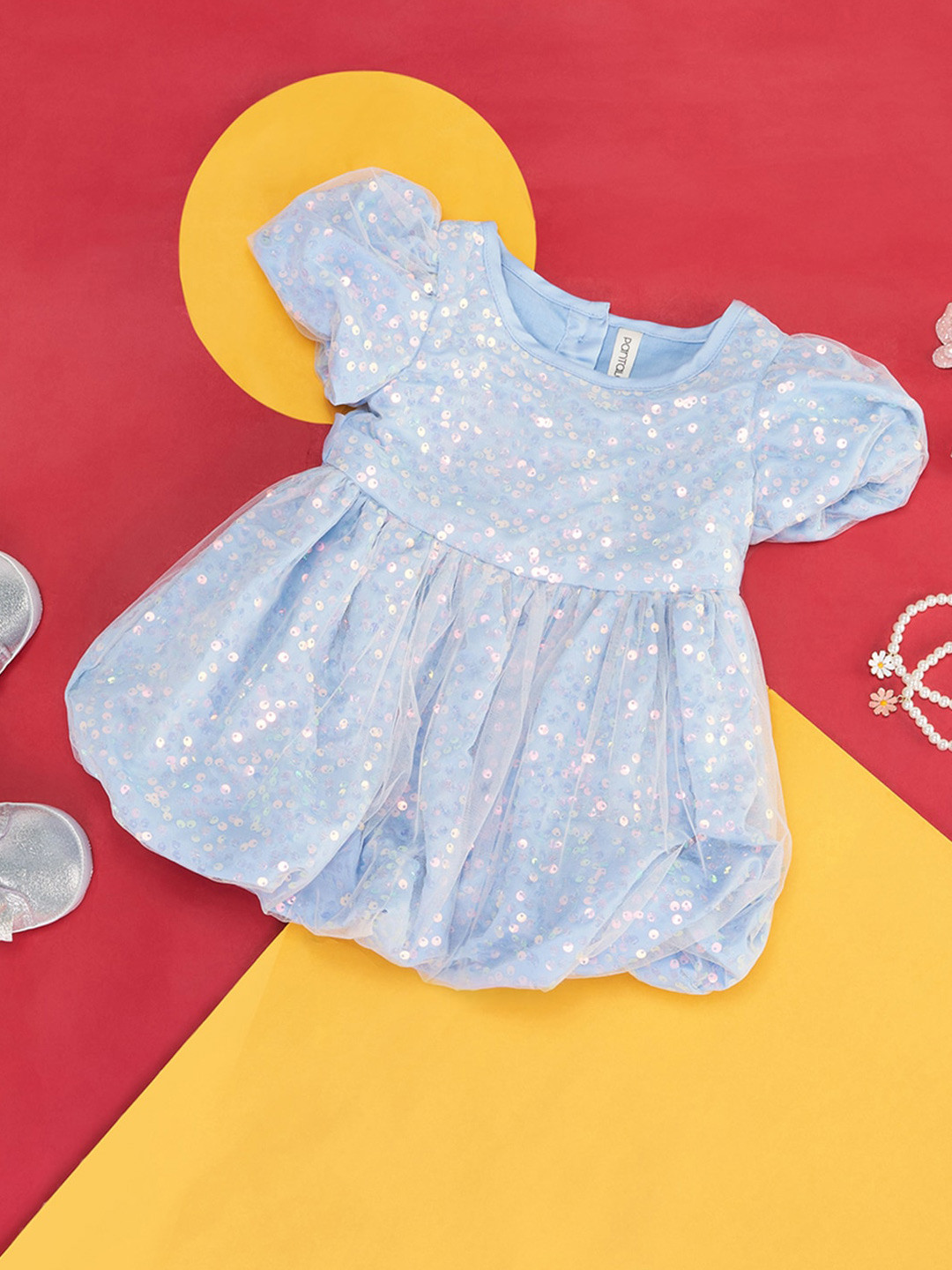 Pantaloons Baby Girls Embellished Puff Sleeves Sequined Cotton Fit & Flare Dress