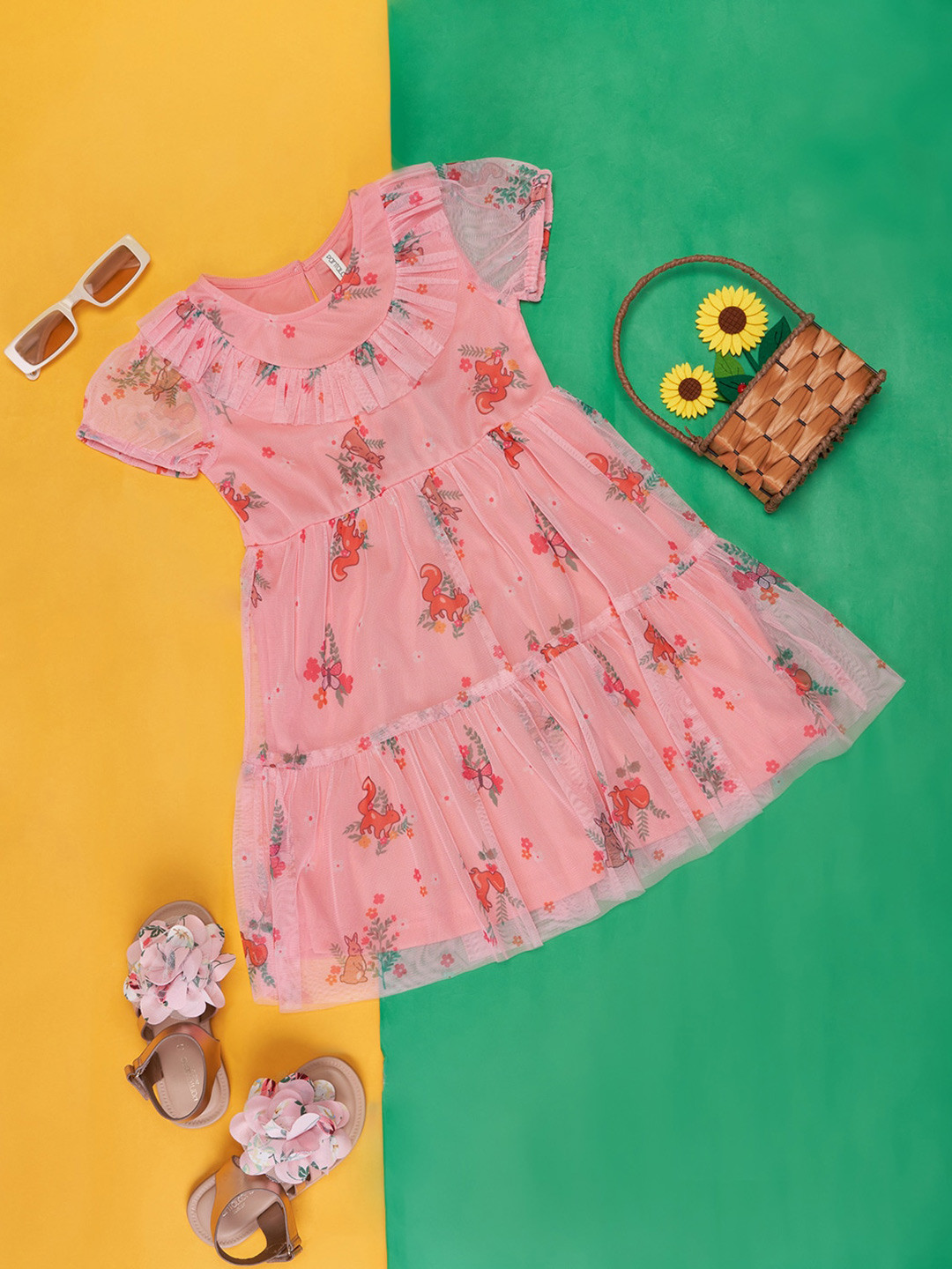 Pantaloons Junior Girls Floral Printed Puff Sleeves Tiered Cotton Fit & Flare Dress