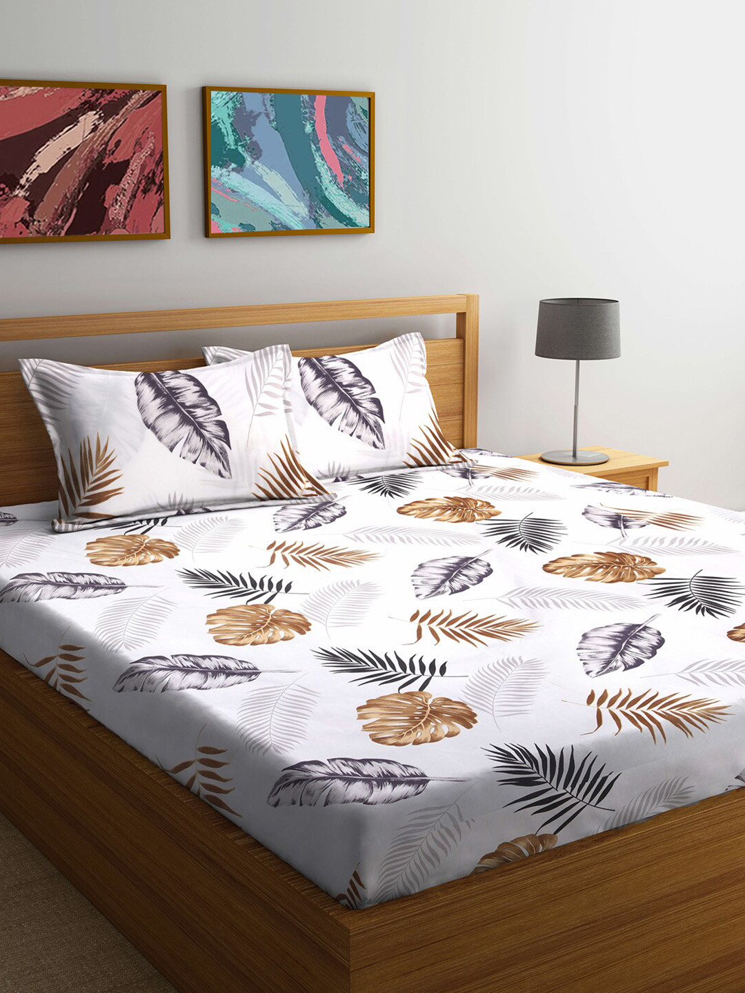 FABINALIV White Leaf Cotton 300 TC King Fine Bedsheet with 2 Pillow Covers-20 x 20 x 5 cm