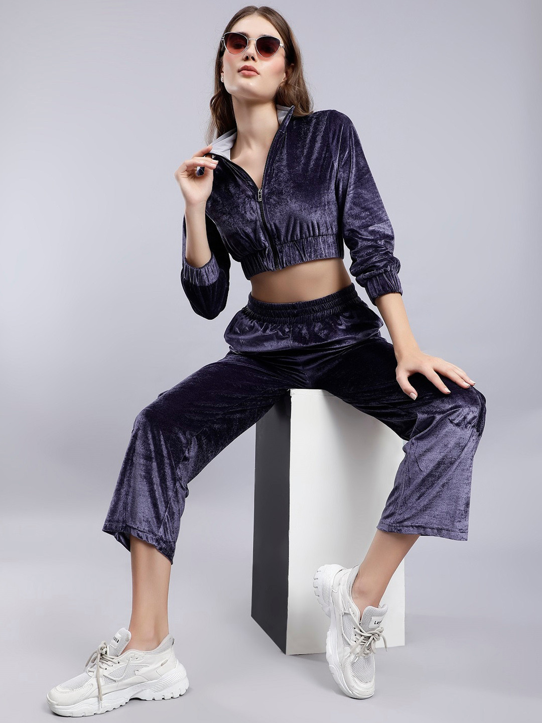 ANVI Be Yourself Grey Shirt Collar Crop Velvet Jacket & Trousers