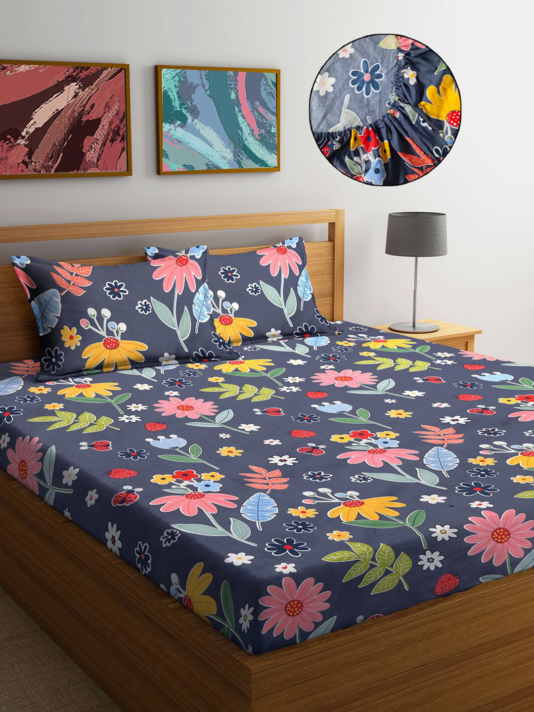 FABINALIV Grey & Pink Floral Print 300 TC Fitted King Bedsheet & 2 Pillow Covers