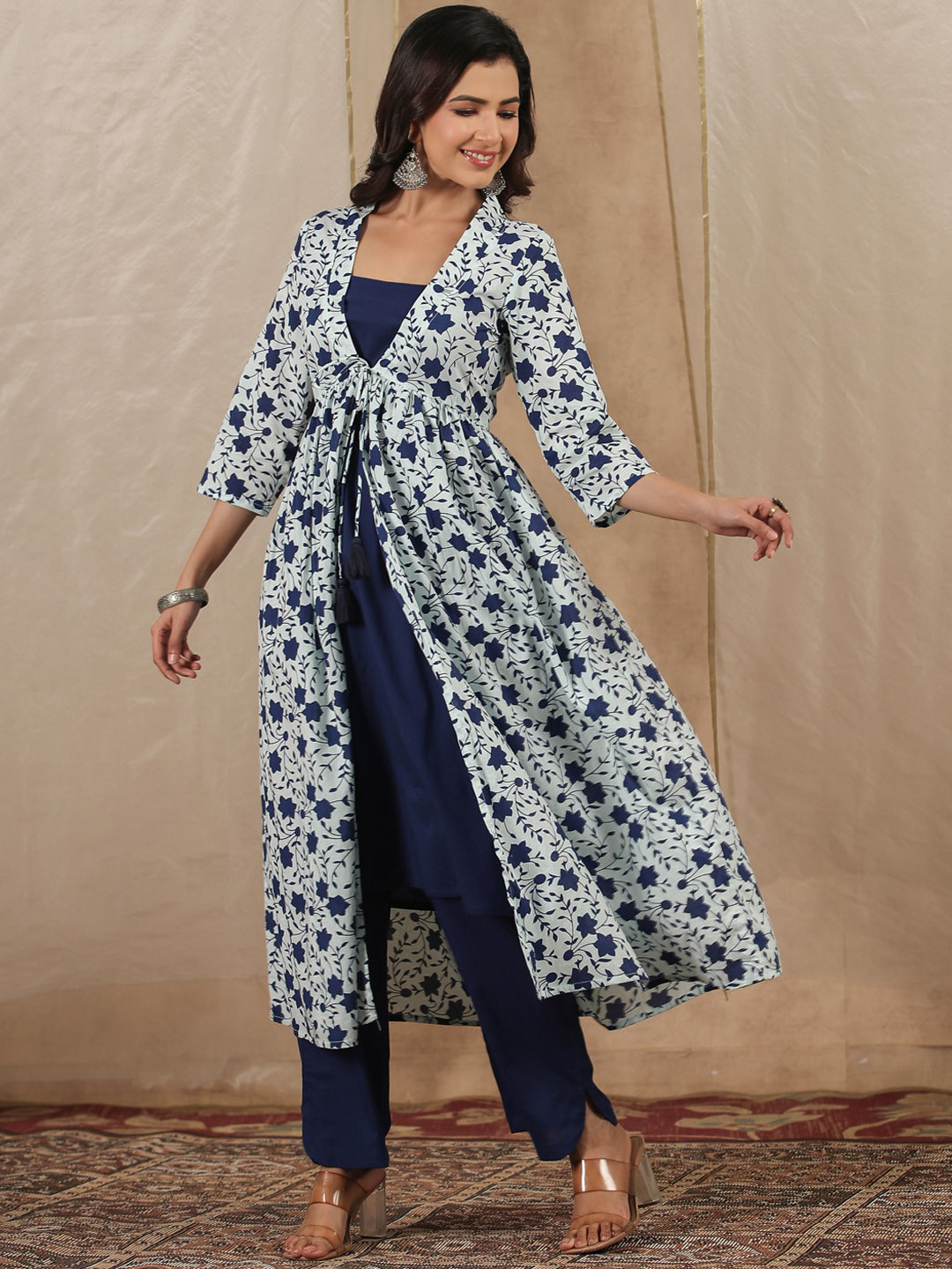 Sangria Square Neck Pure Cotton Straight Kurta With Trouser & Shrug Set