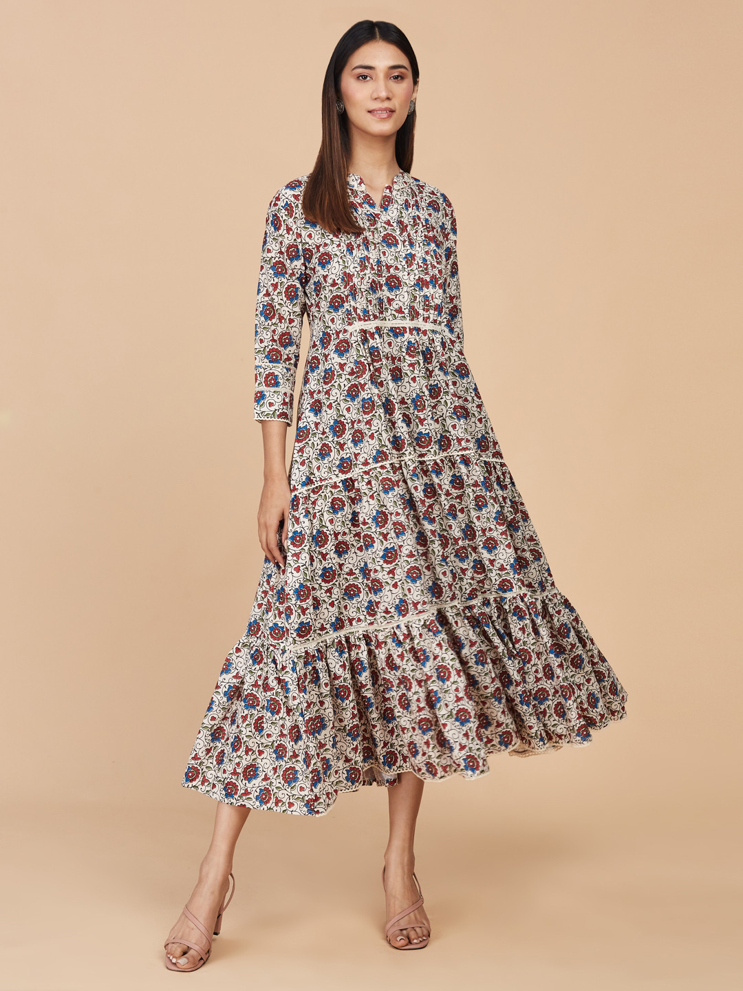 LAAKHI Floral Printed Tiered Gathered Linen A-Line Ethnic Dress