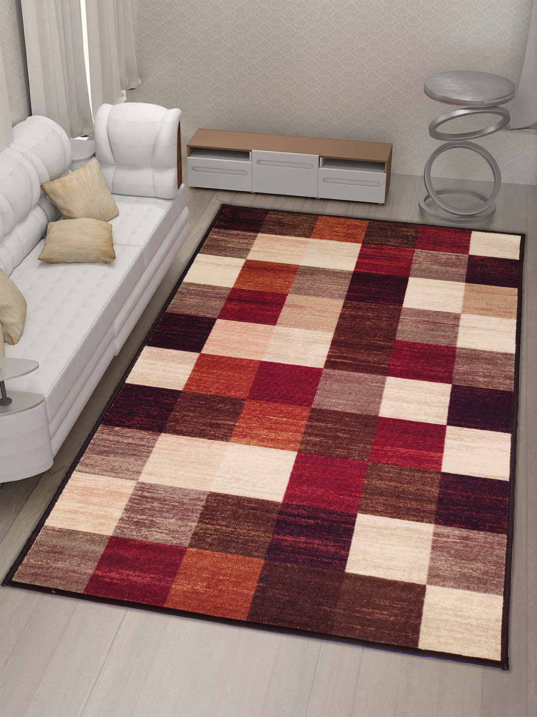 Athom Living Trendz Brown & Beige Checks Anti-Skid Rectangular Carpet
