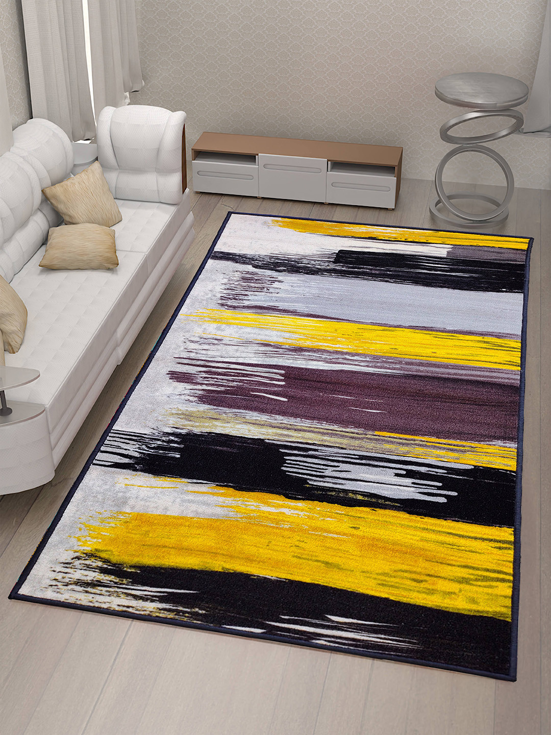 Athom Living Trendz Yellow & Grey Canvas Design Anti-Skid Rectangular Carpet