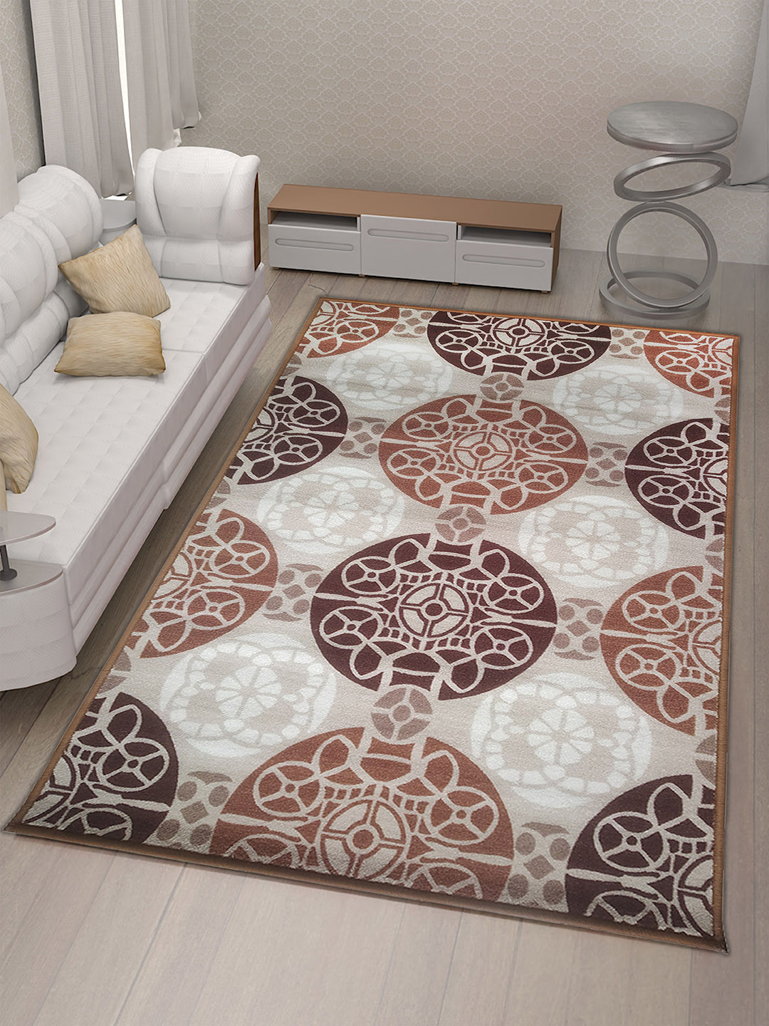 Athom Living Trendz English Beige Motif Design Anti-Skid Rectangular Carpet