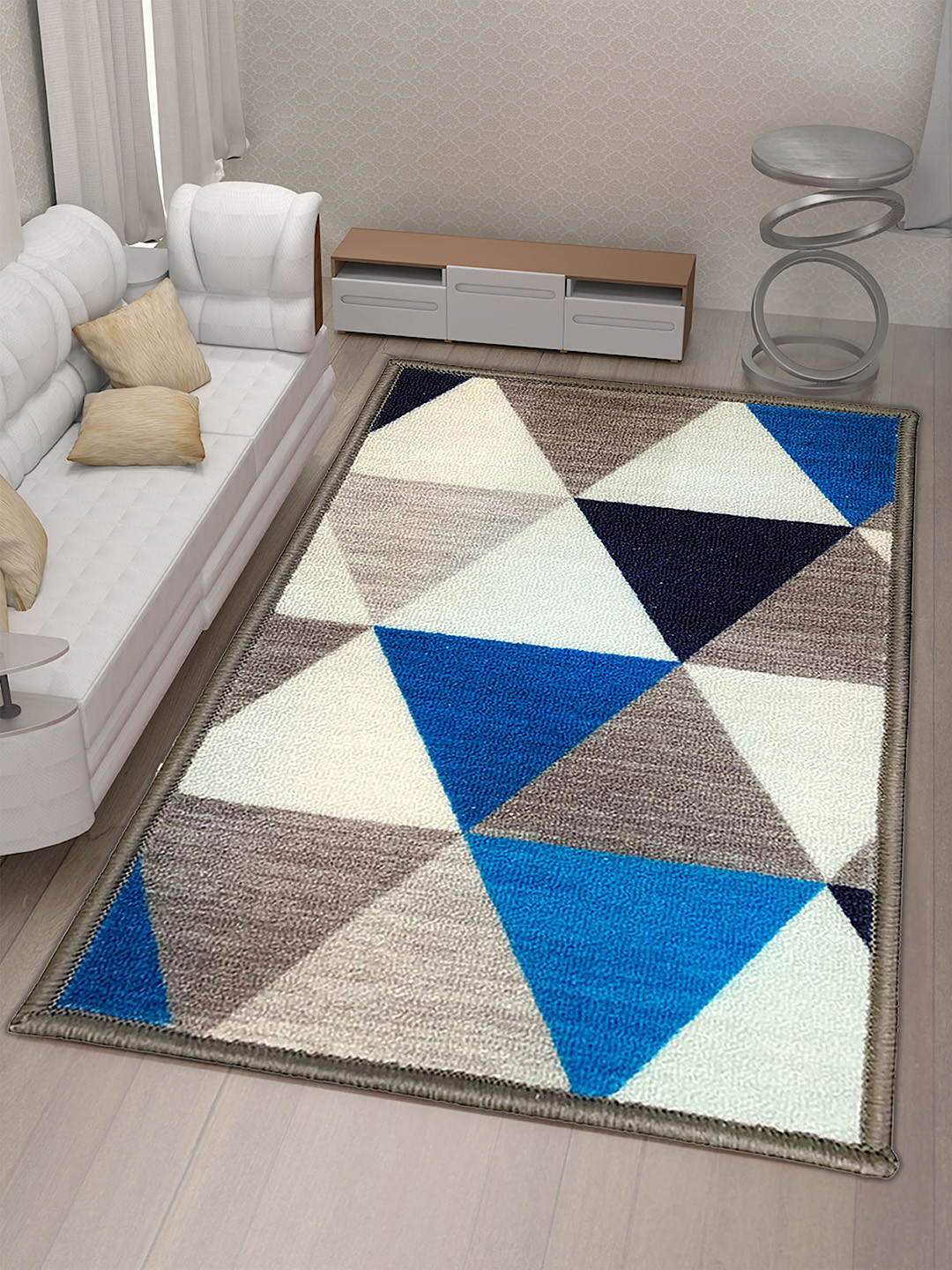 Athom Living Trendz Blue & White Geometric Design Anti-Skid Rectangular Carpet