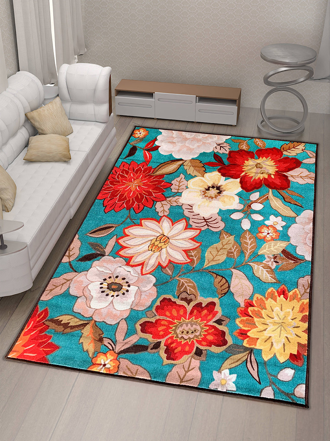 Athom Living Trendz Blue & Red Floral Love Design  Premium Anti-Skid Rectangular Carpet