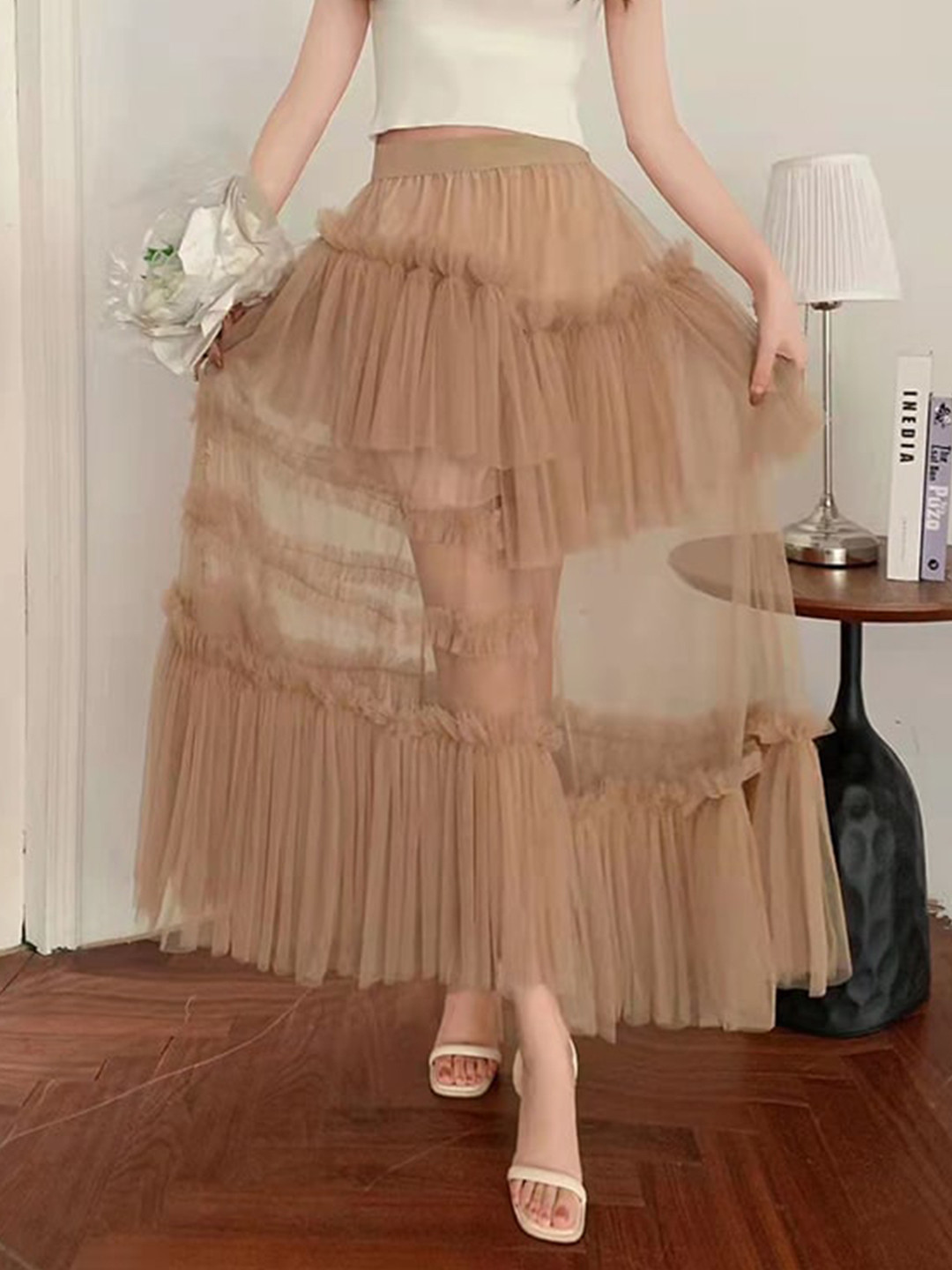 StyleCast Beige Flared Maxi Skirt