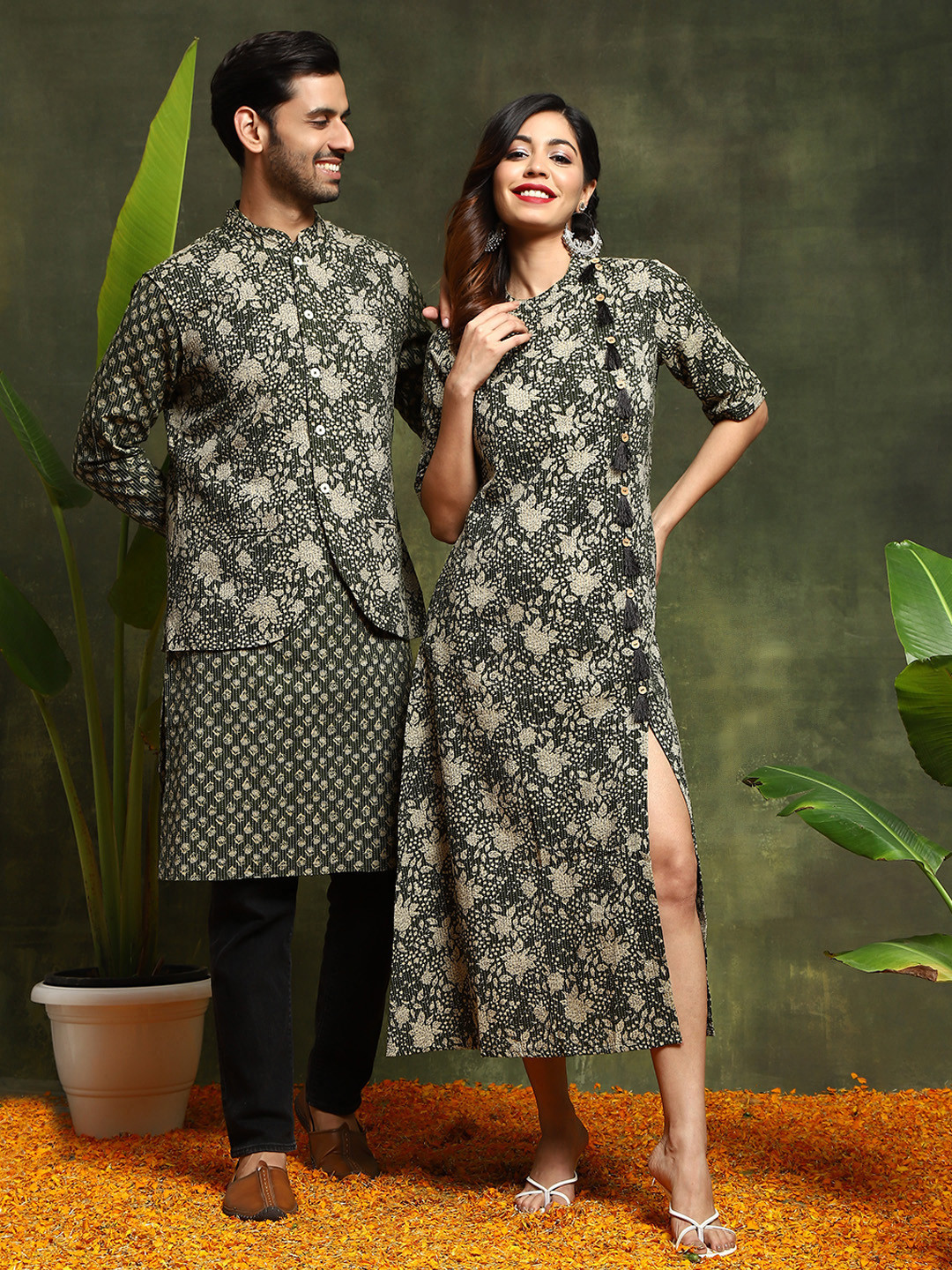 AKS Floral Printed Cotton A-Line Midi Dress