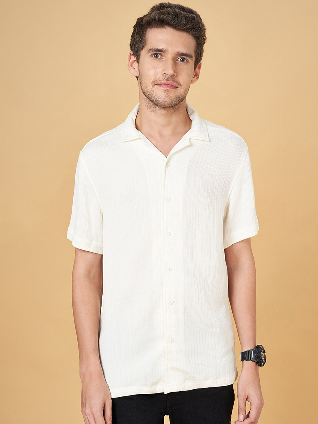 People Off White Textured Cuban Collar Casual Shirt