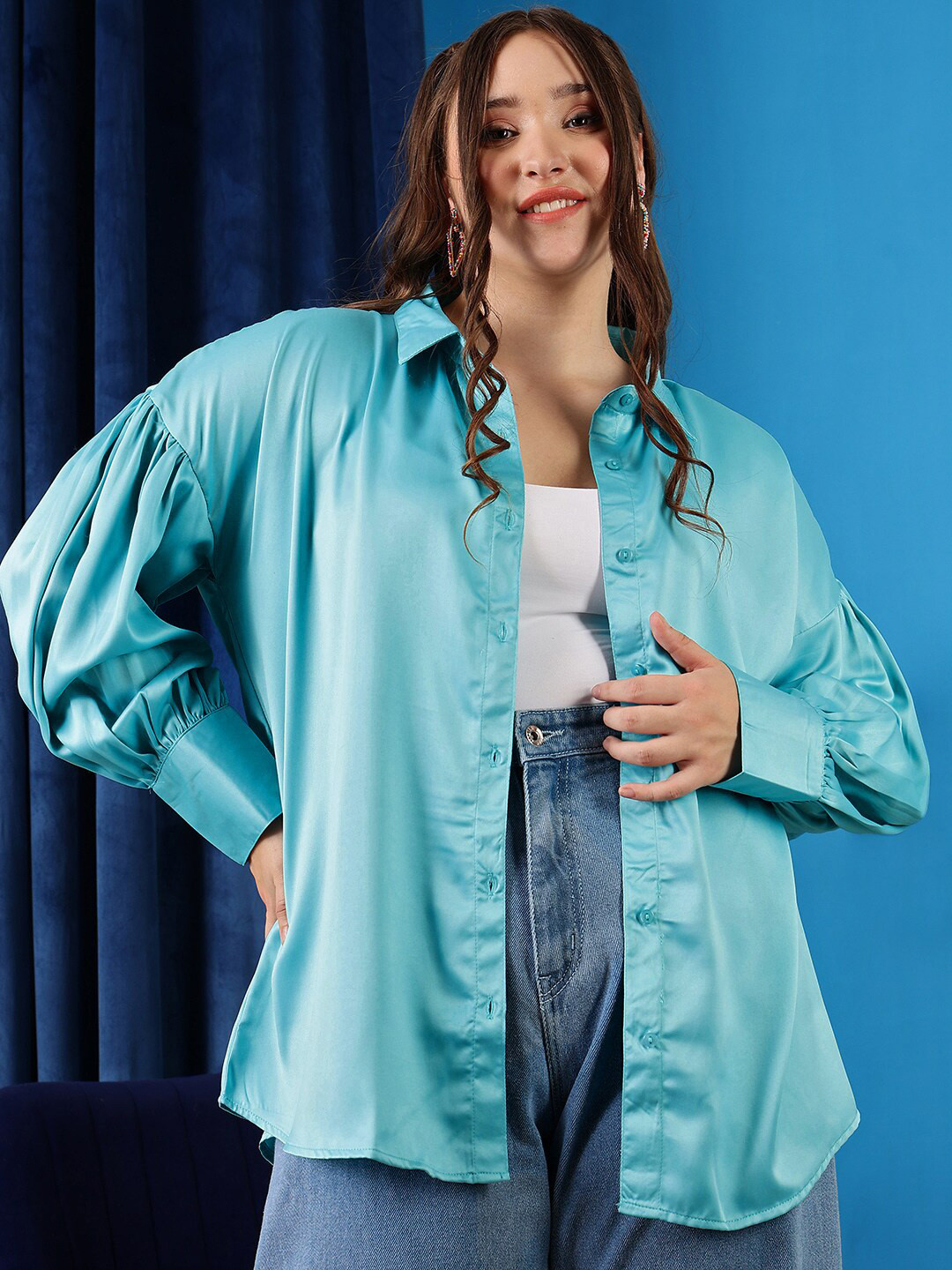 CURVY STREET Comfort Spread Collar Puff Sleeves Satin Finish Oversized  Shirt