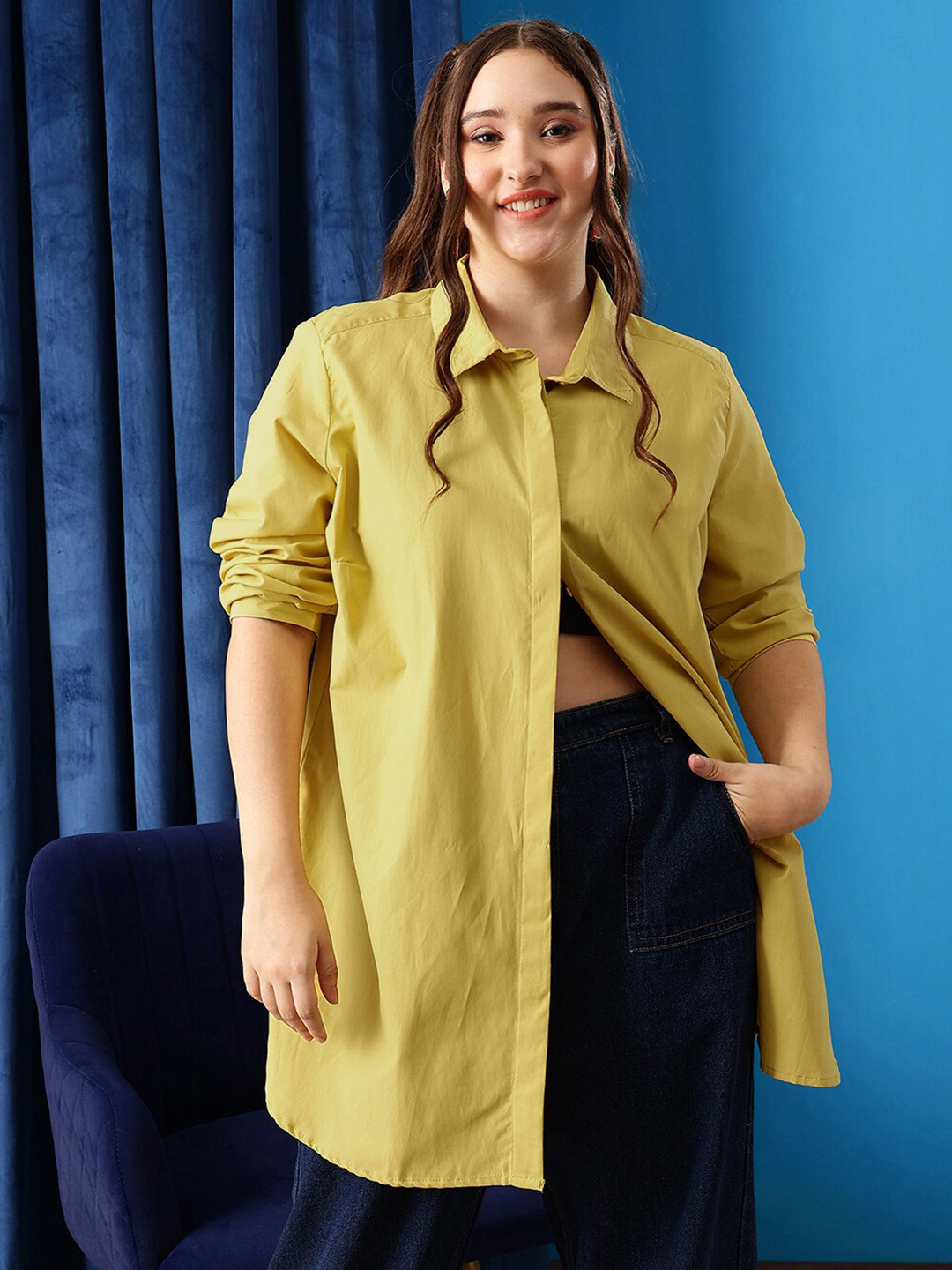 CURVY STREET Plus Size Yellow Comfort Pure Cotton Oversize Longline Shirt