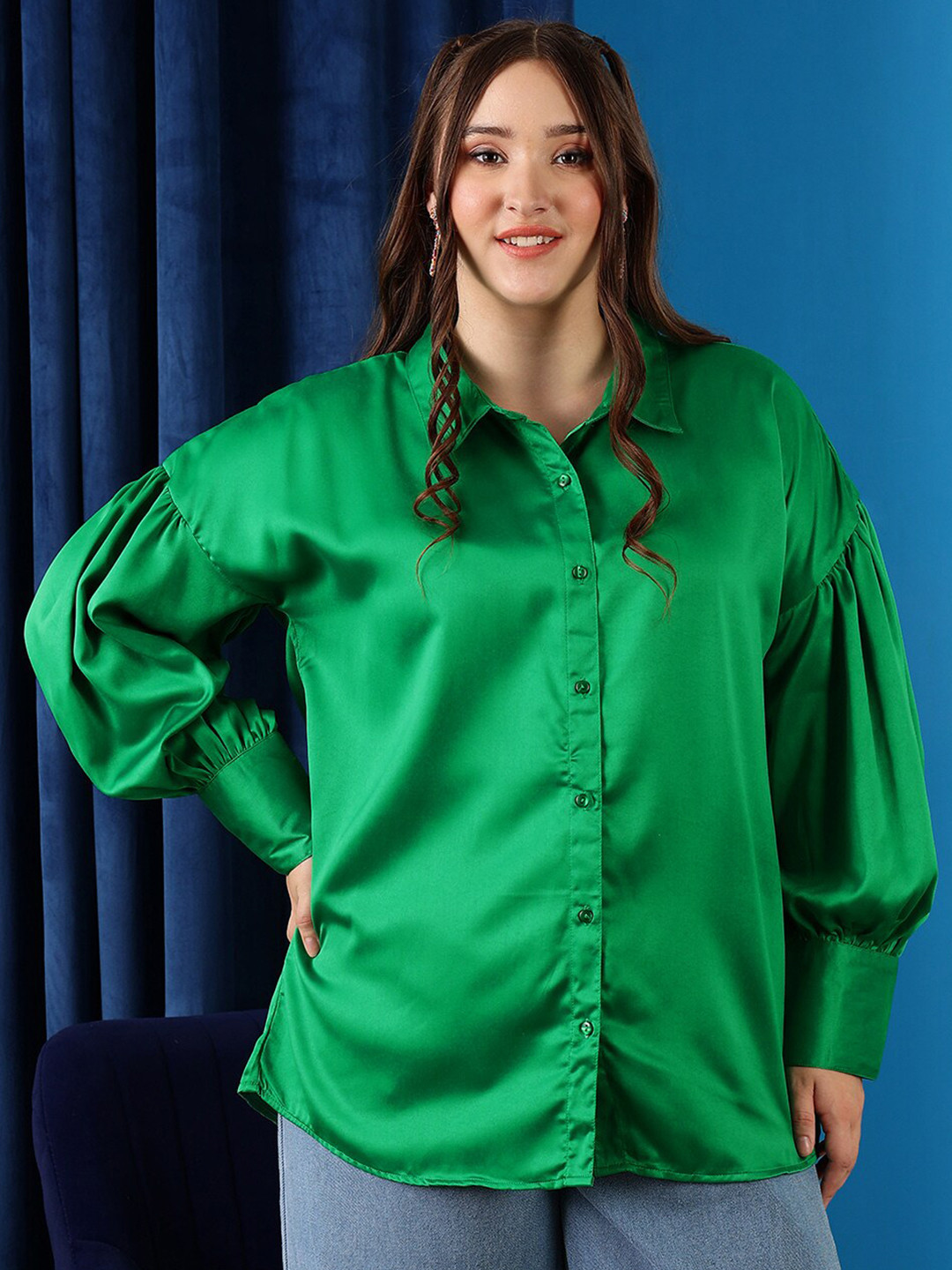 CURVY STREET Plus Size Comfort Oversized Puffed Sleeves Casual Shirt