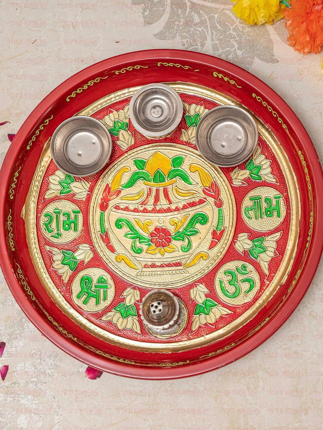 TIED RIBBONS Red Printed Pooja Thali With Attached Incense Diya Tilak Holder