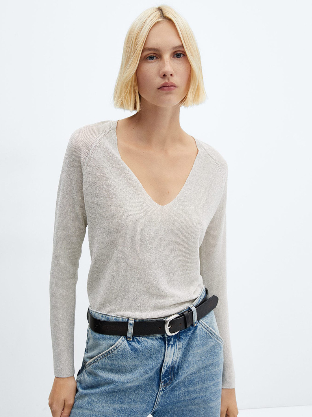 MANGO V-Neck Lurex Pullover