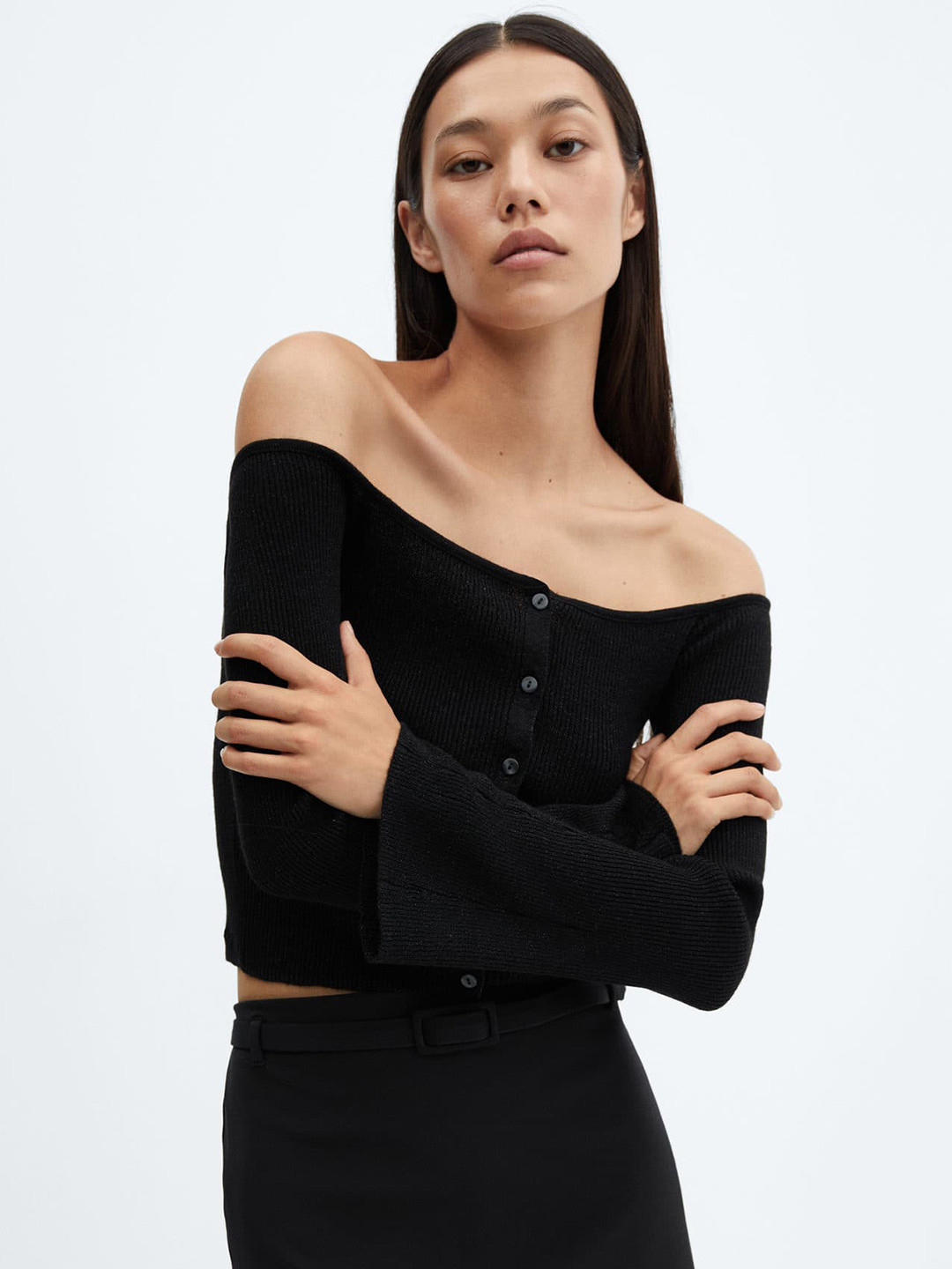 MANGO Women Off-Shoulder Crop Cardigan