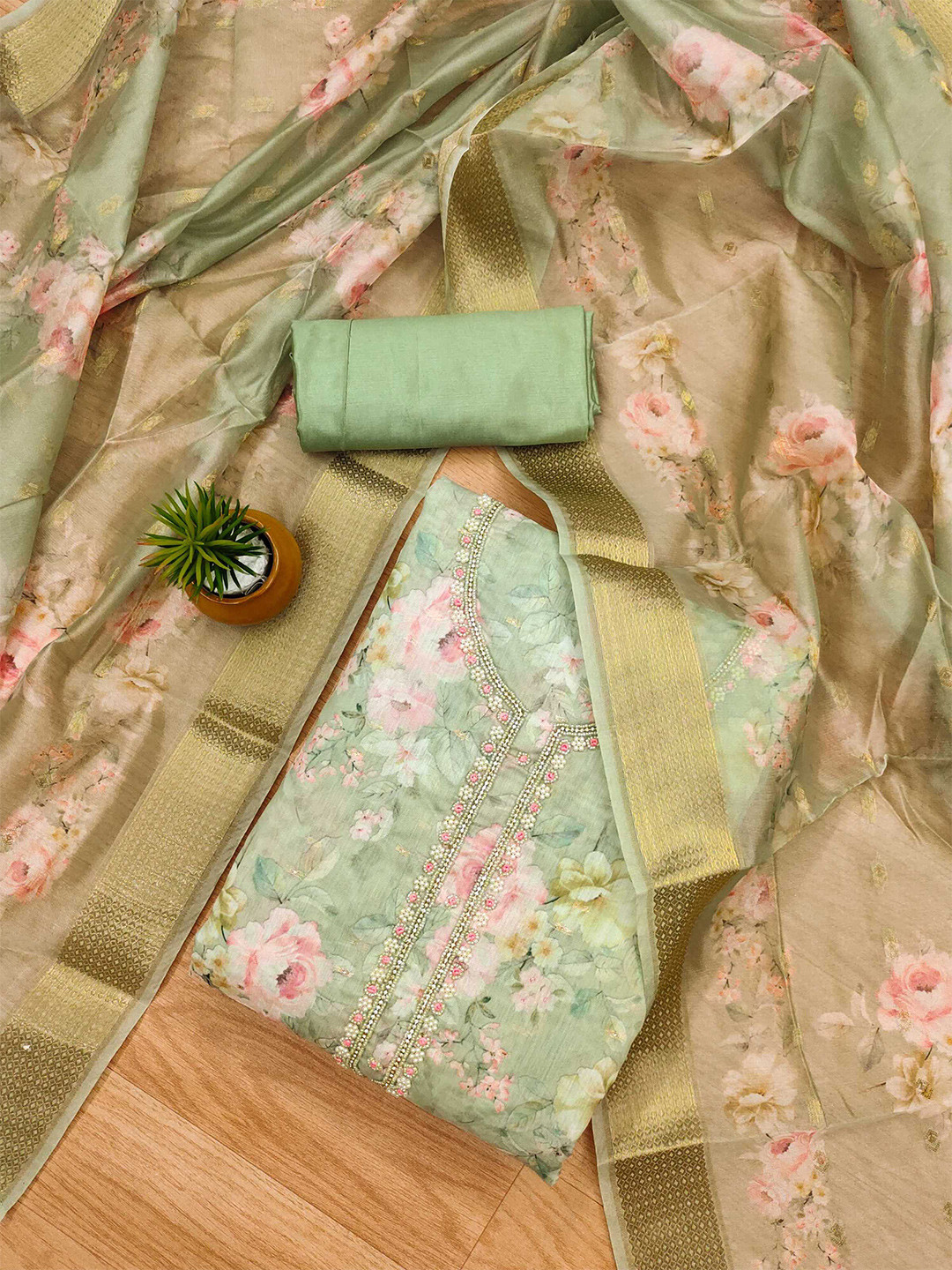 KALINI Floral Printed Organza Unstitched Dress Material