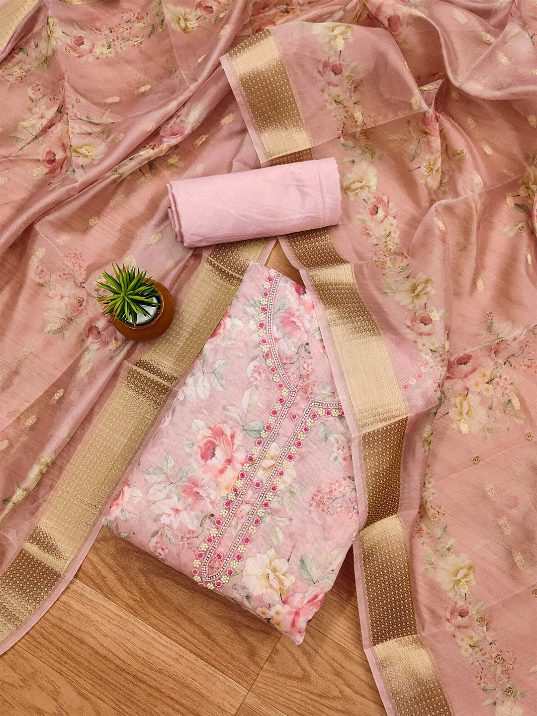 KALINI Floral Printed Beaded Organza Unstitched Dress Material