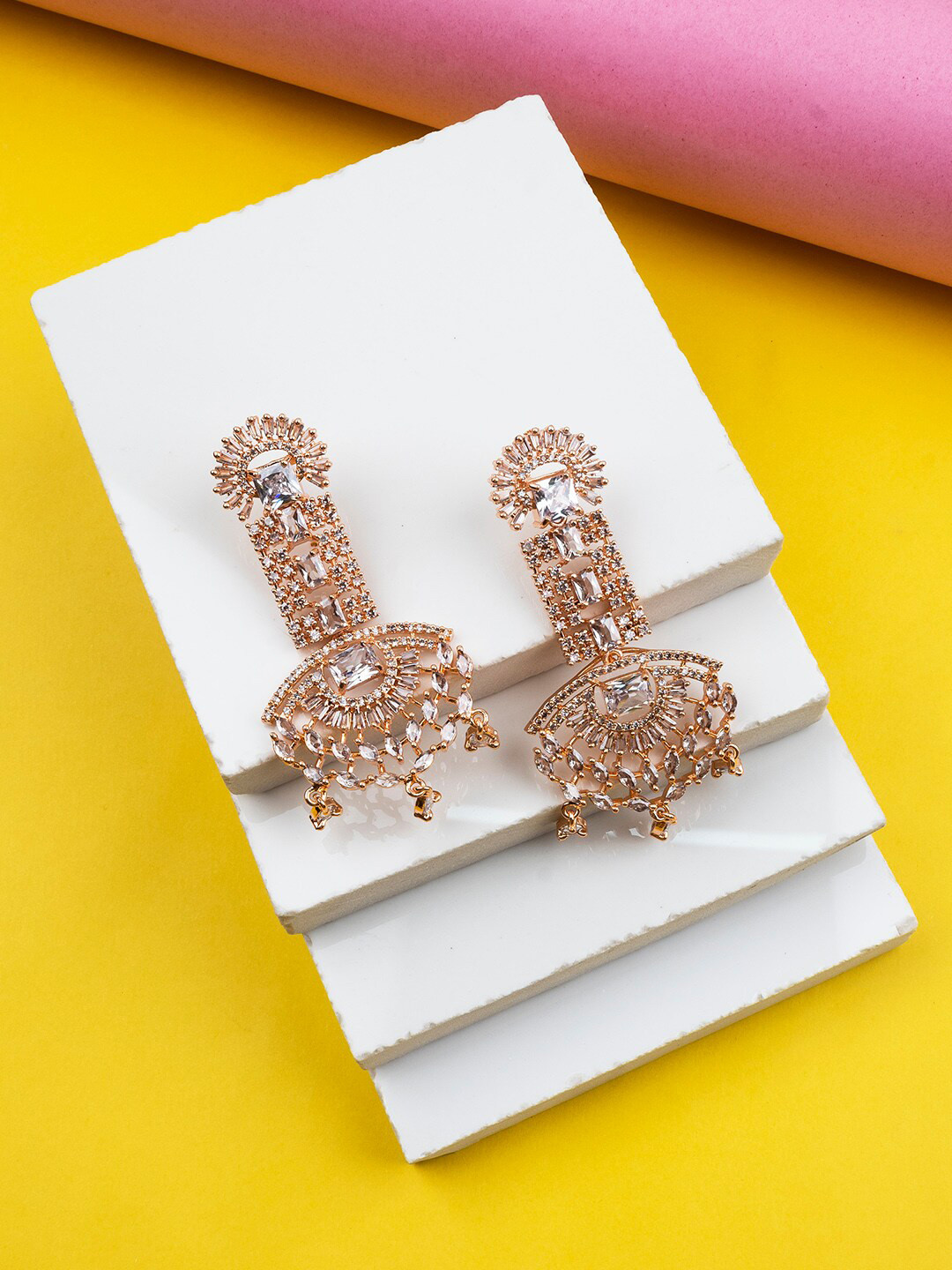 StileAdda Rose Gold Plated American Diamond Studed Drop Earrings