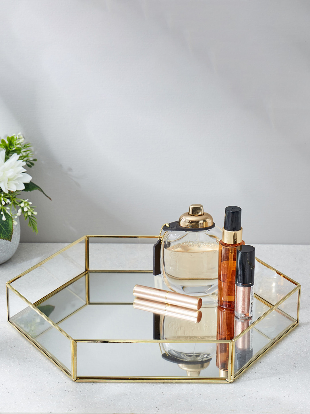 Home Centre Gold-Toned & Transparent Orion Tribeca Glass Hexagonal Storage Tray