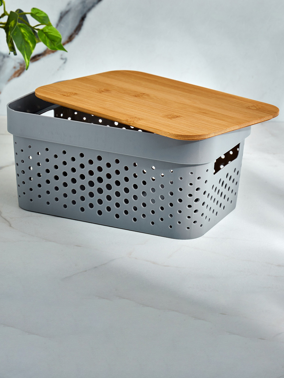 Home Centre Grey Regan Infinity Storage Basket With Bamboo Lid