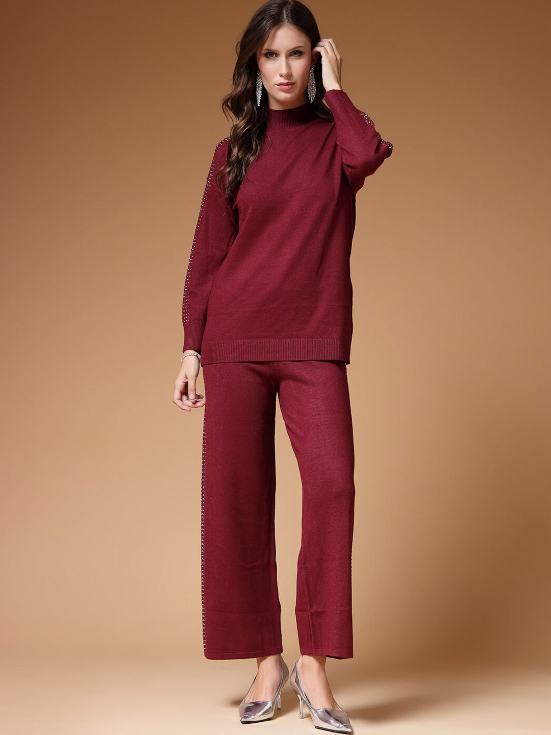 Mafadeny Embellished High Neck Sweatshirt With Trousers