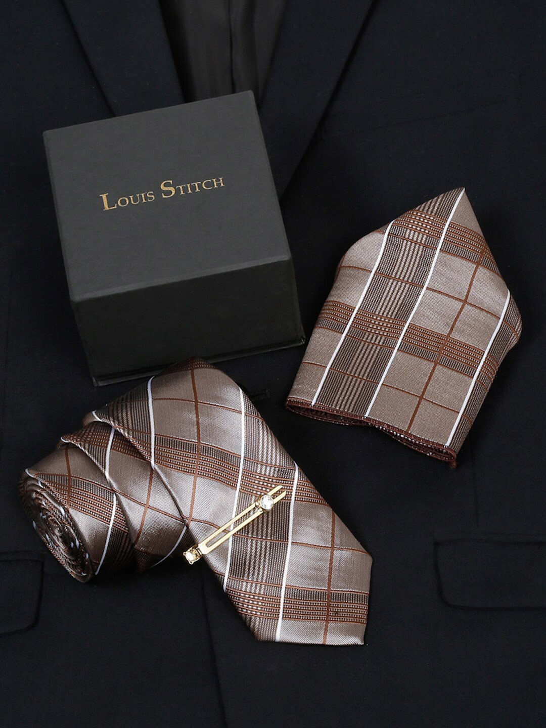 LOUIS STITCH Men Checked Silk Accessory Gift Set