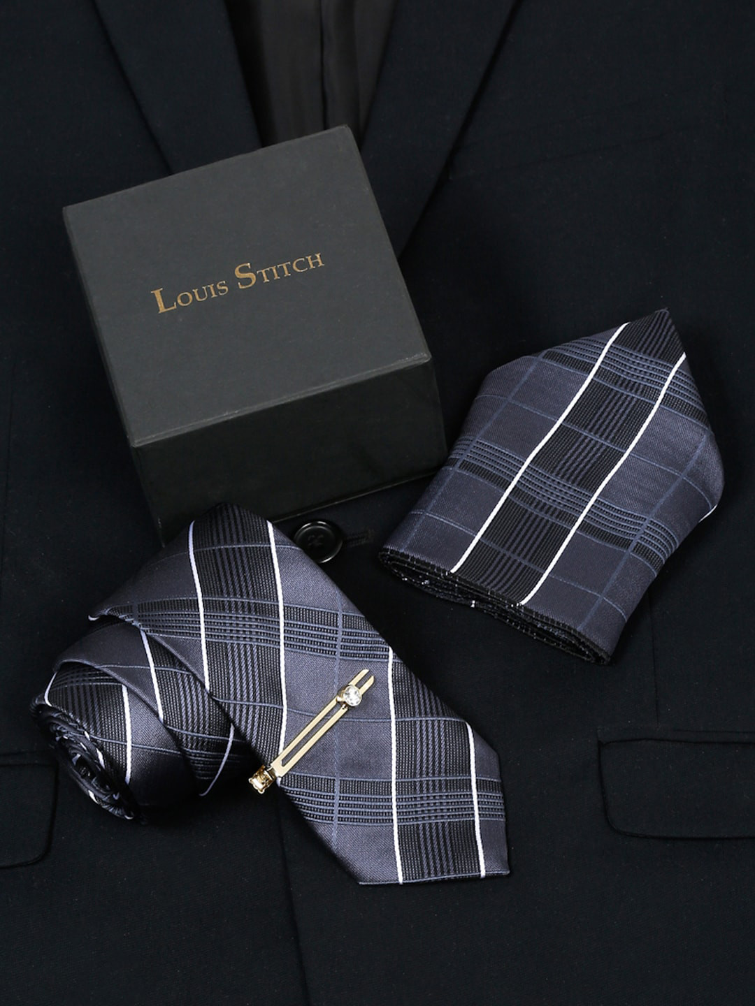 LOUIS STITCH Men Checked Silk Tie With Tie pin And Pocket Square