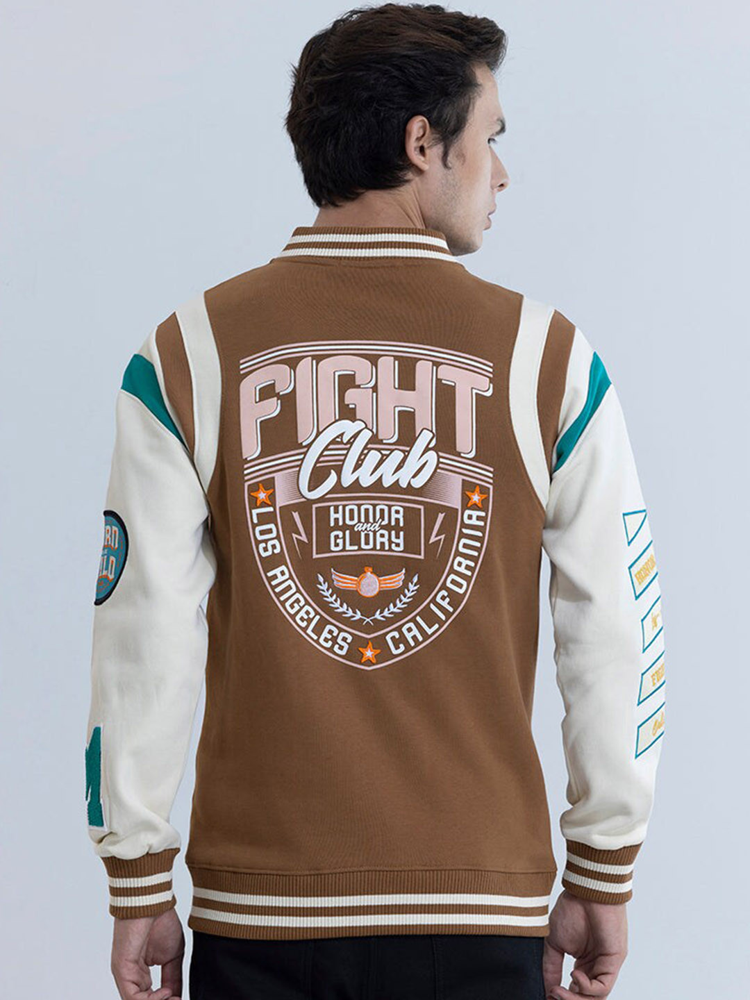 Snitch Brown Geometric Printed Long Sleeves Pure Cotton Varsity Jacket