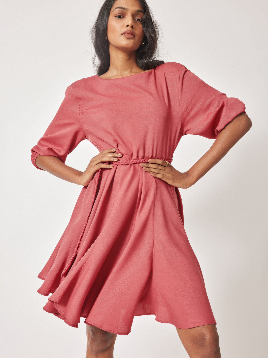 The Label Life Boat Neck Puff Sleeves Fit & Flare Dress With Belt