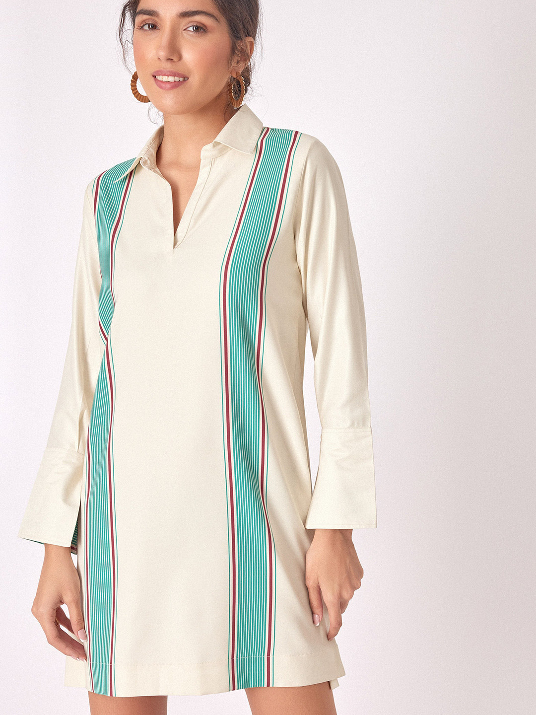 The Label Life White Striped Shirt Collar A-Line Dress