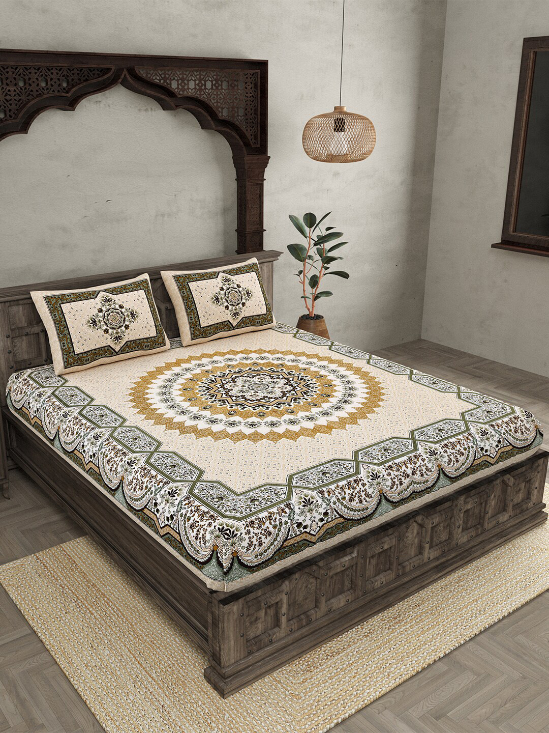 JAIPUR FABRIC White & Mustard Printed Cotton 210 TC Queen Bedsheet with 2 Pillow Covers