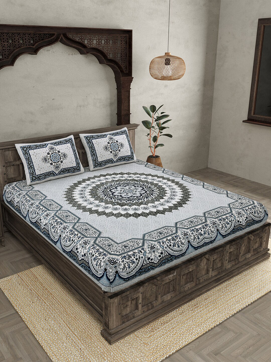 JAIPUR FABRIC Flowery Mat Grey Geometric Cotton 210 TC Queen Bedsheet & 2 Pillow Covers