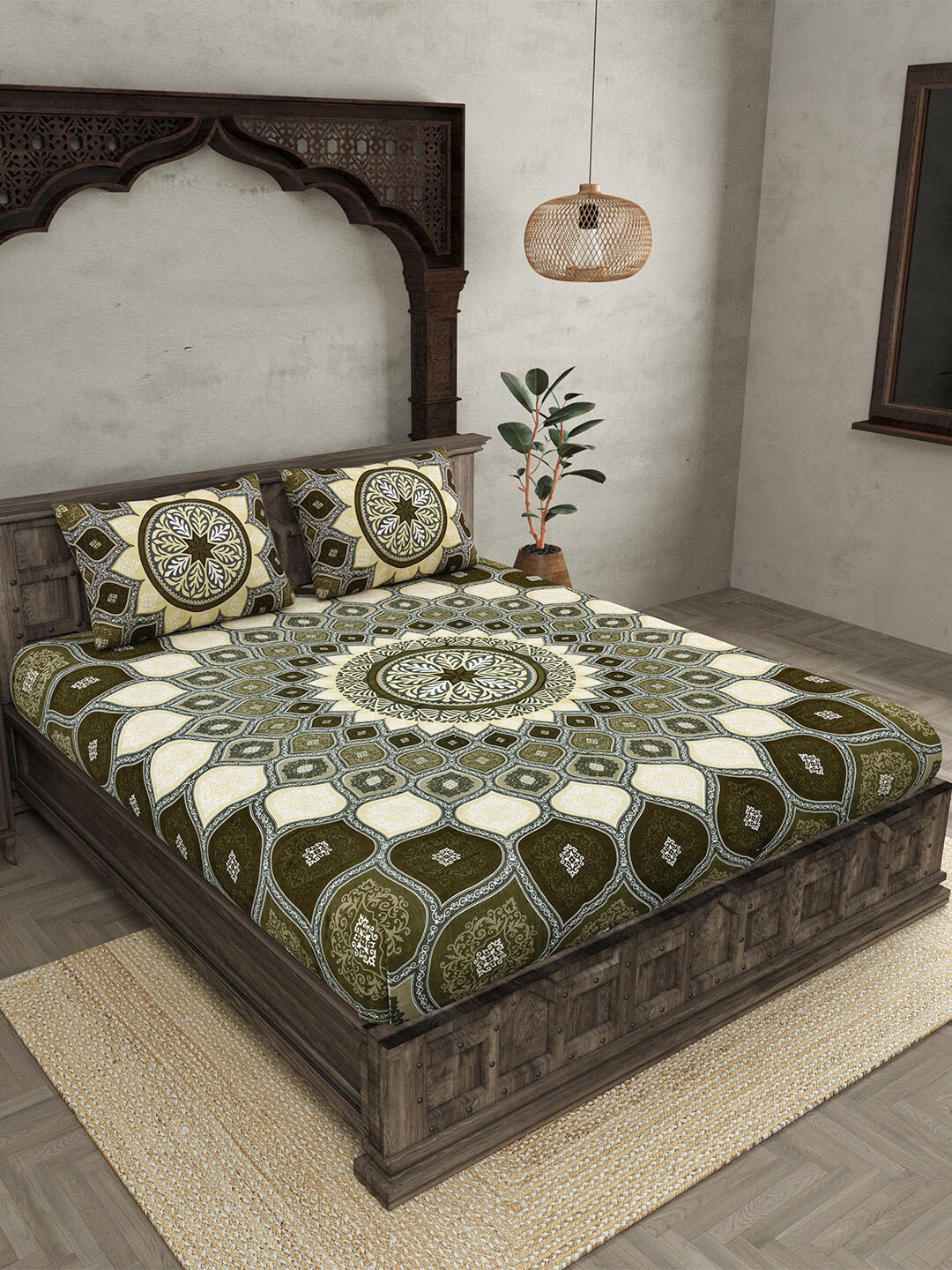 JAIPUR FABRIC Sacred Shells Green Ethnic Motifs Cotton 210 TC Queen Fine Bedsheet with 2 Pillow Covers-108 x 100 inches