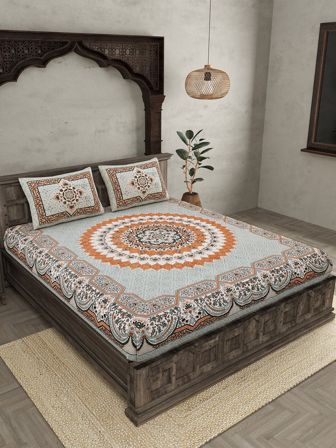JAIPUR FABRIC Flowery Mat Grey & Orange Cotton 210 TC Queen Bedsheet with 2 Pillow Covers