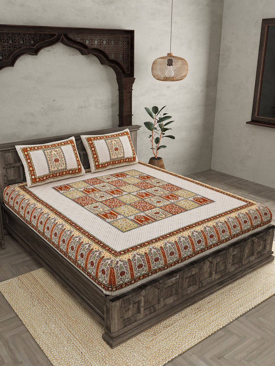 JAIPUR FABRIC The Rich Legacy Brown Ethnic Motifs Cotton 210 TC Queen Fine Bedsheet with 2 Pillow Covers-118 x 118 inches