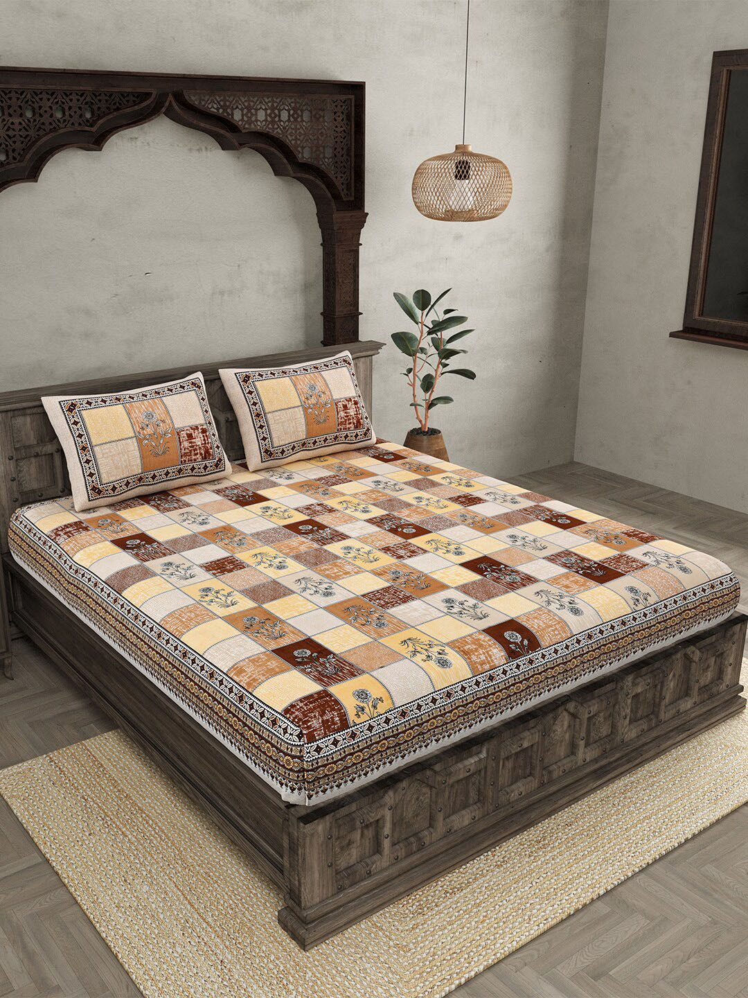 JAIPUR FABRIC Decorated Brown Ethnic Motifs Cotton 210 TC Queen Fine Bedsheet with 2 Pillow Covers-108 x 100 inches