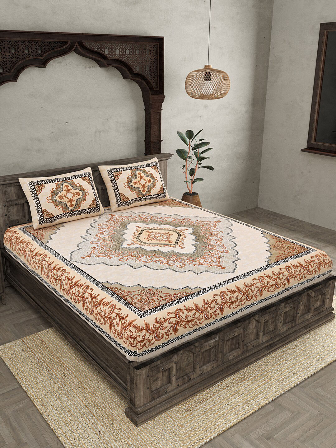 JAIPUR FABRIC Jaipuri Orange Ethnic Motifs Cotton 210 TC Queen Fine Bedsheet with 2 Pillow Covers-108 x 100 inches