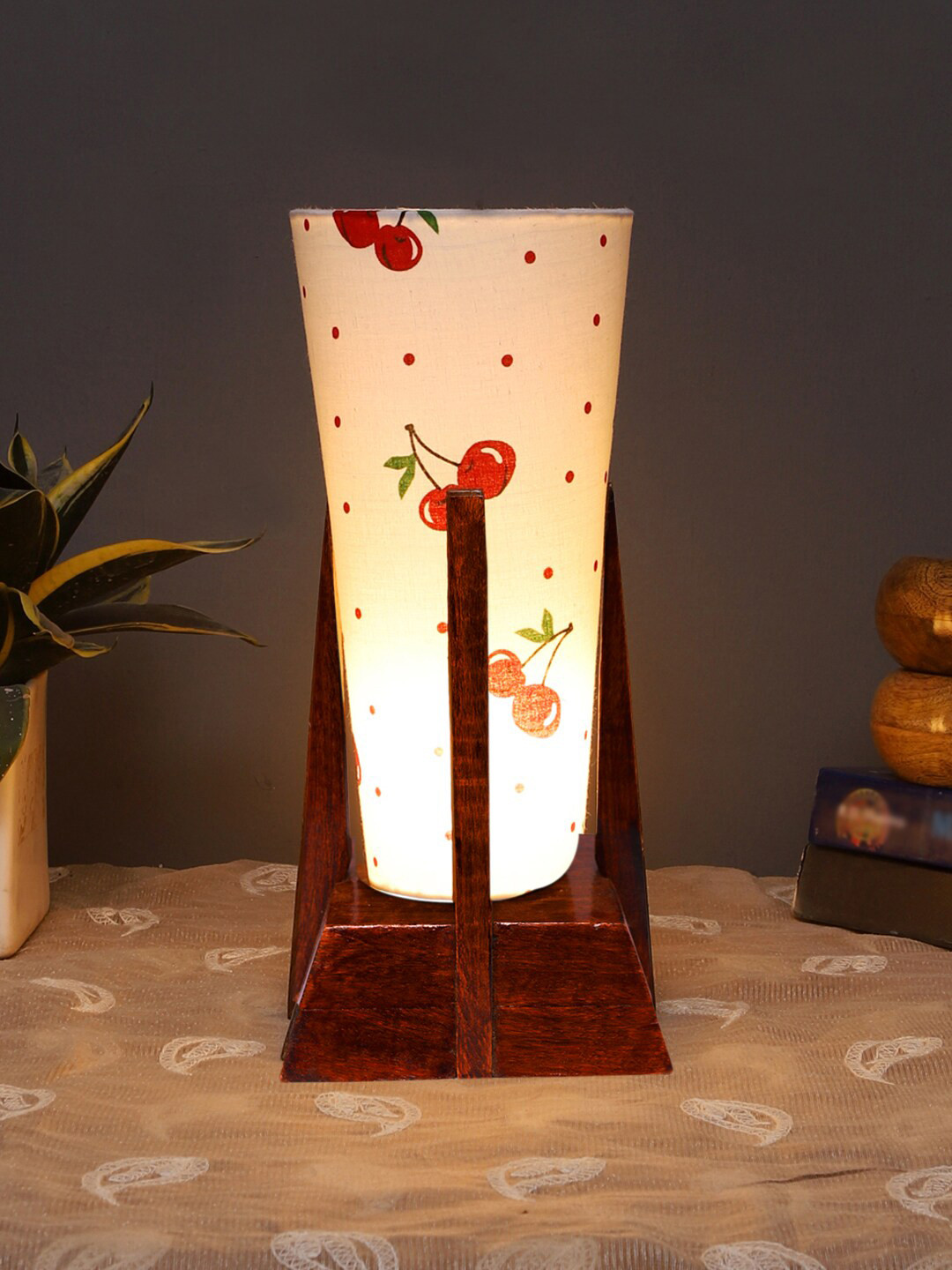 Devansh White & Brown Printed Cotton Conical Table Lamp With Wooden Base