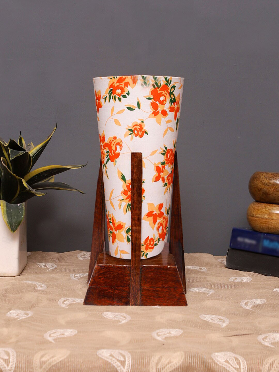 Devansh White & Brown Floral Printed Cotton Conical Table Lamp With Wooden Base
