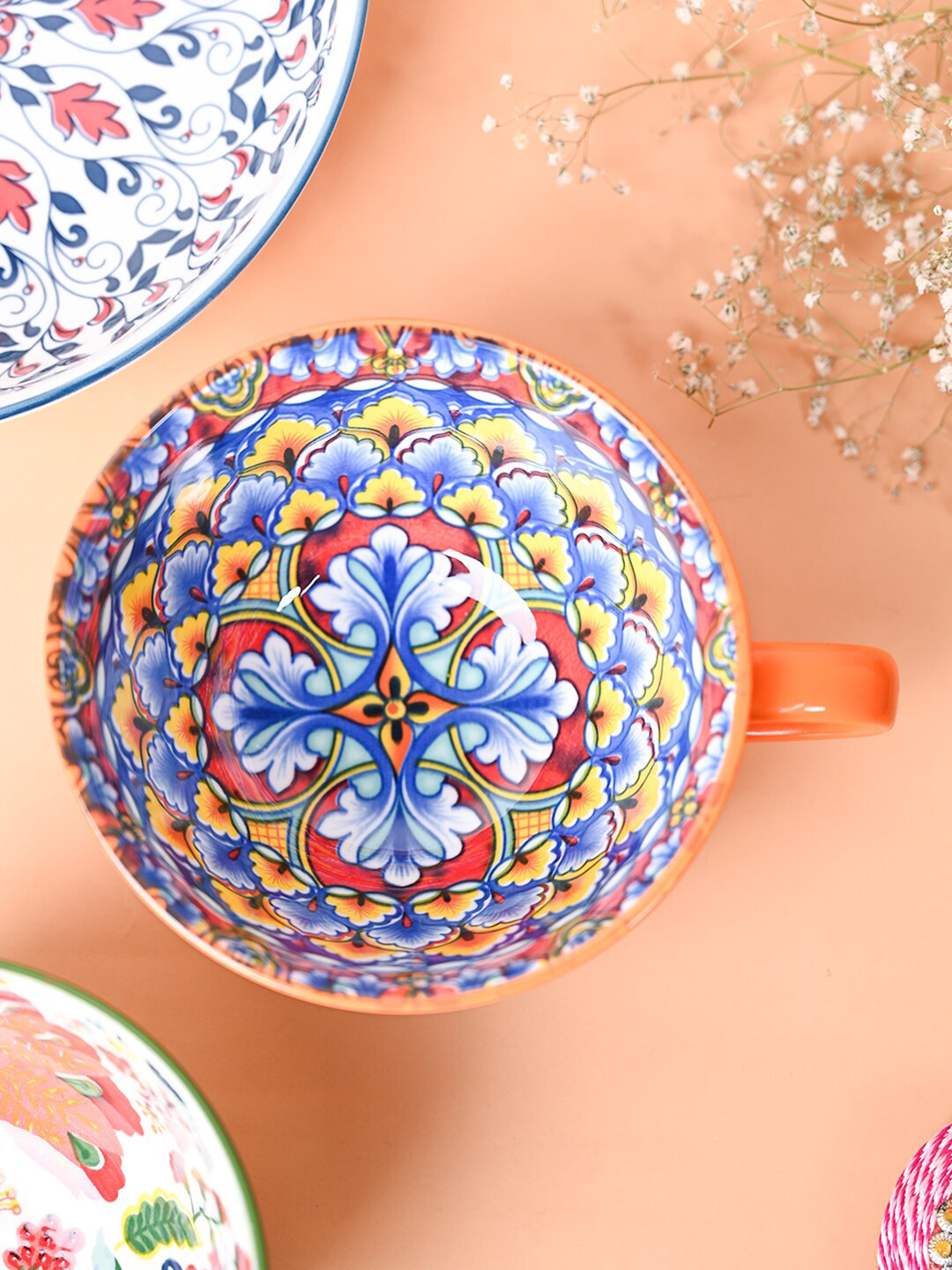 MARKET99 Orange Floral Ceramic Microwave Safe Cup-480ml