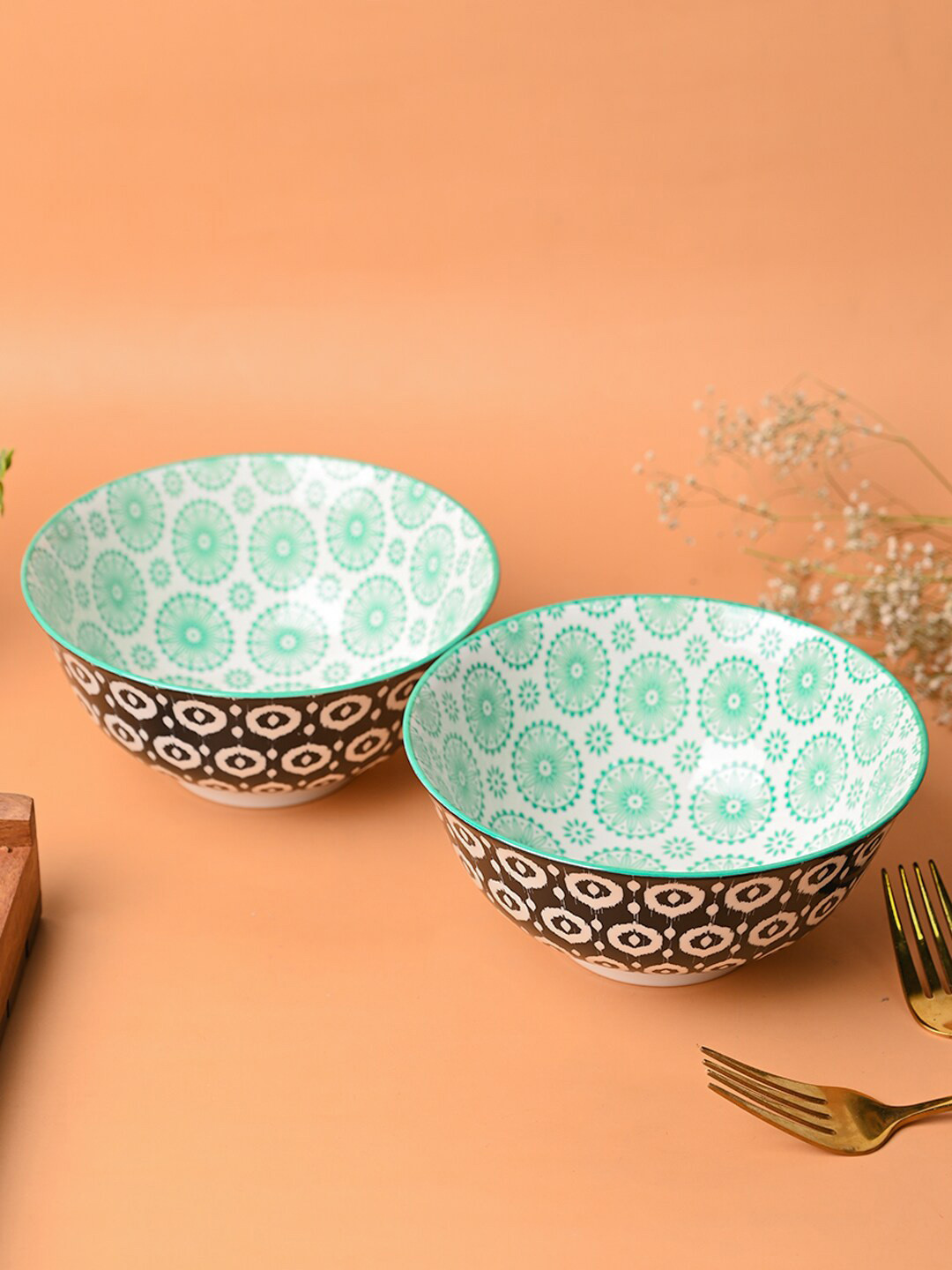 MARKET99 Navy Blue & Green 2 Pieces Printed Ceramic Serving Bowls 650 ml